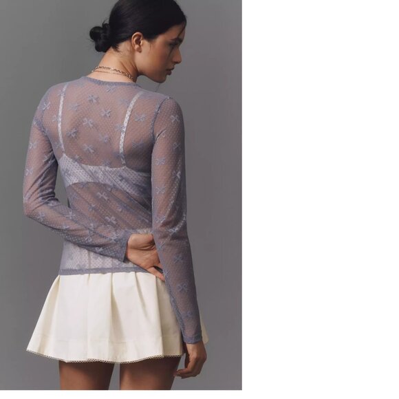 By Anthropologie Long-Sleeve Novelty Lace Top new nwt slate color size S - Picture 2 of 5